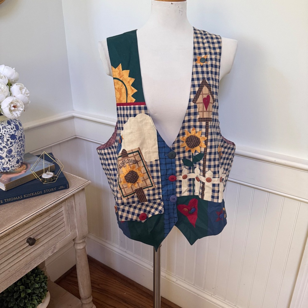 Vintage Patchwork‎ Sunflower Gingham Vest Cottagecore Folk Art Blue Yellow L